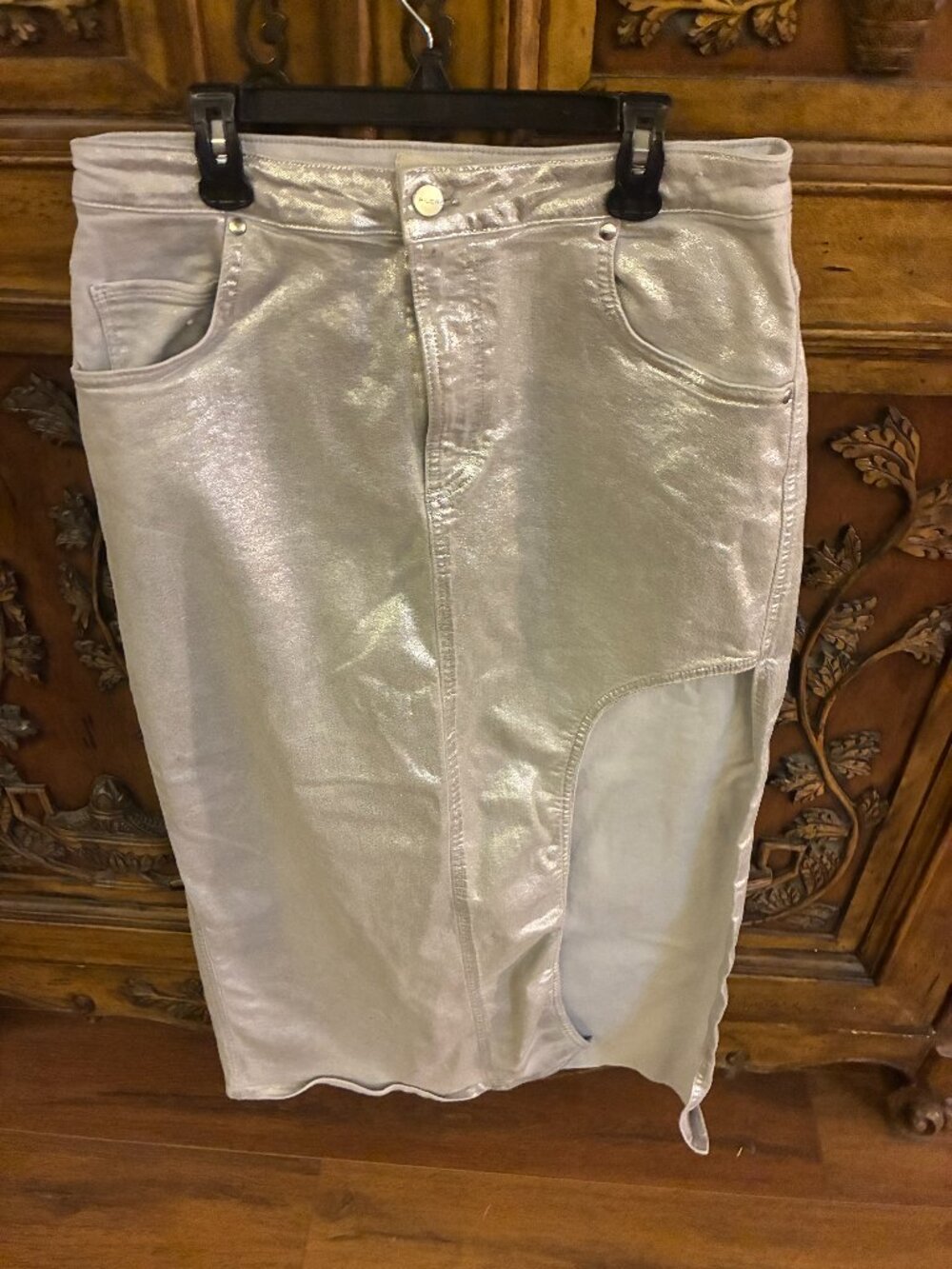 Anthropologie Skirt Womens 12 Pilcro Side Slit Maxi Silver Metallic Coated Denim
